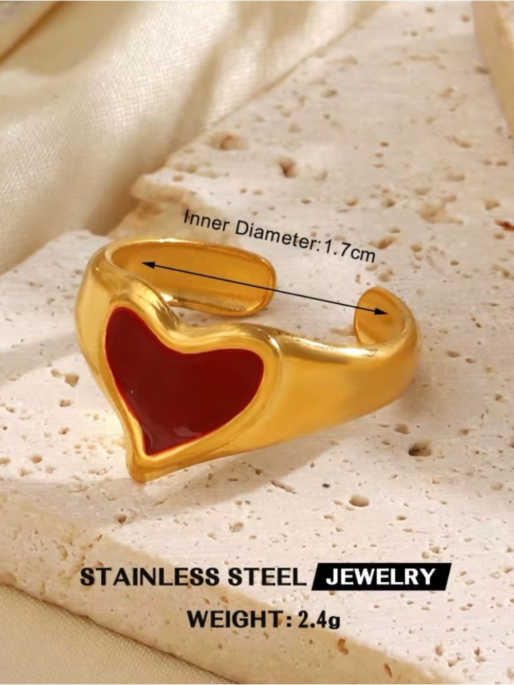 Gold Stainless Steel Heart Ring with Red Enamel Accent